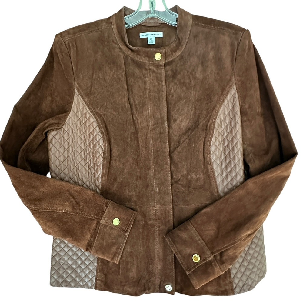Isaac Mizrahi Moto Jacket Women's 12 Genuine Suede Leather Quilted Brown Classic